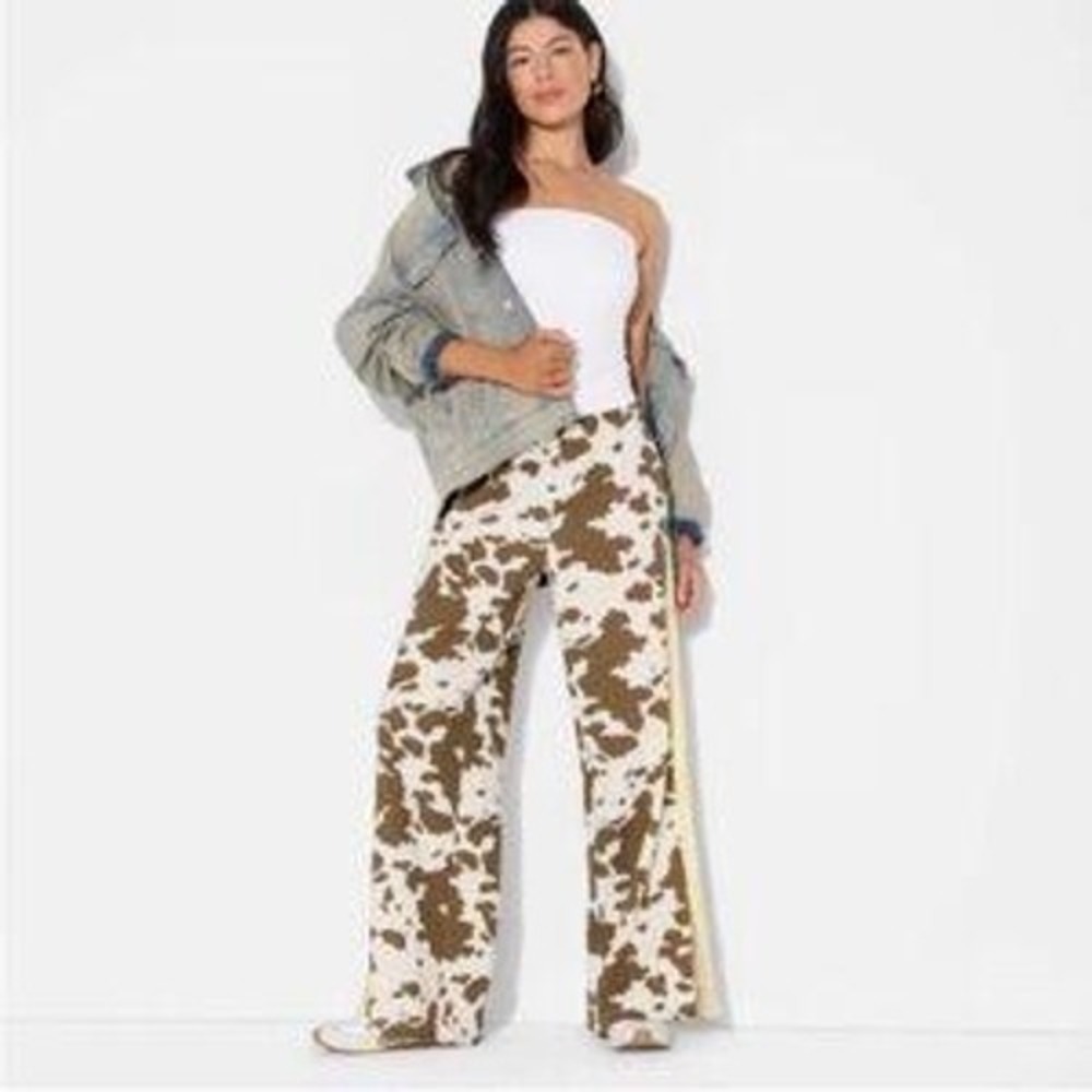 Grayson Threads Cow Print Statament Pants S Brown Cowgirl Wide Leg Slit Indie